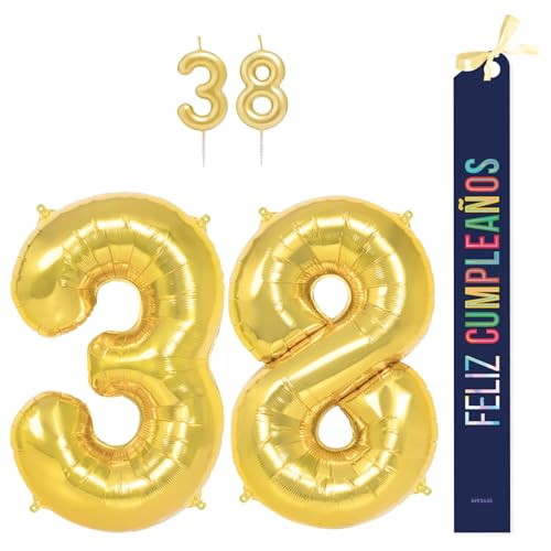OH YEAH - Set Decoración Cumpleaños 38 Años Dorado – Globos Números Foil 100 cm + Velas +...