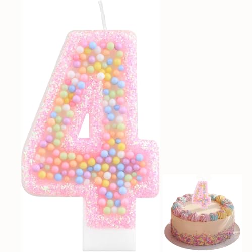 Velas de Cumpleaños,Vela Número 4 Rosa Macarrón con Glitter 3D para Tartas,Velas 3D para...