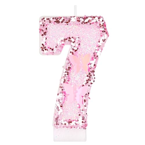 Alaoo Velas Cumpleaños Números 7,3D Mariposas Rosa Vela,Vela de Número 7 de Pastel...