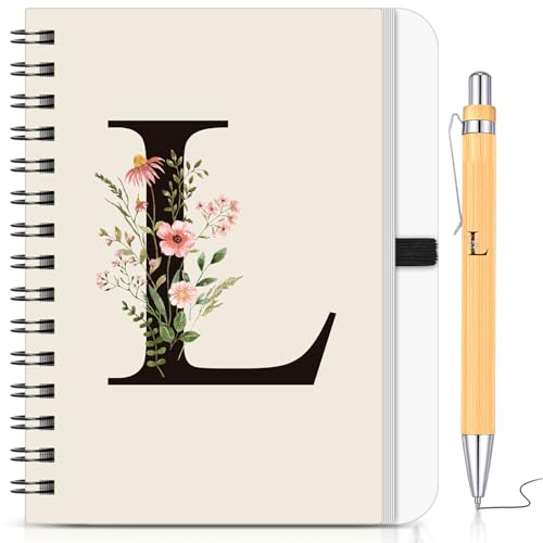 BBTO Set de Cuaderno y Bolígrafo Personalizado con Inicial L, Cuaderno Espiral Floral B6 con...