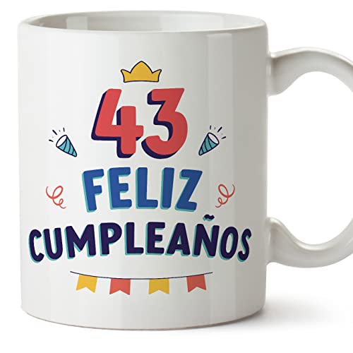 MUGFFINS Tazas 43 Cumpleaños - En Español - ¡Feliz Cumpleaños! - 11 oz / 330 ml - Regalo original y divertido