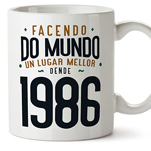 MUGFFINS Tazas 1986 Cumpleaños - En Gallego - Facendo do Mundo un Lugar Mellor - 11 oz / 330 ml -...
