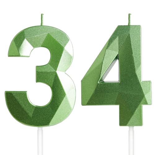Velas de Cumpleaños 34 Años Verde, Decoraciones para Hombres y Mujeres, Número 34 3D para Tarta,...