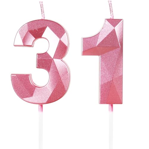 Yiran Velas de Cumpleaños 31 Años Rosa, Decoraciones para Hombres y Mujeres, Número 31 3D para...