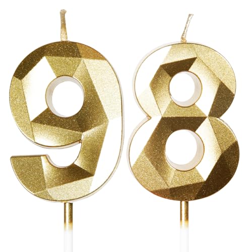 Velas de Cumpleaños 98 Años Dorado, Decoraciones para Hombres y Mujeres, Número 98 3D para Tarta,...