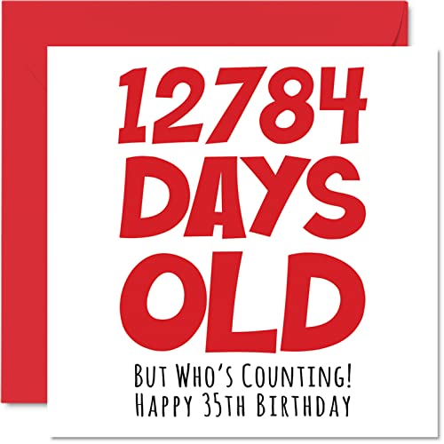 Tarjeta felicitación 35 cumpleaños hombres mujeres, Él ella, 12784 días edad, divertida tarjeta felicitación adultos, treinta cinco años, hermano, hermana, hijo, hija, mamá, papá, 145 mm x 145 mm