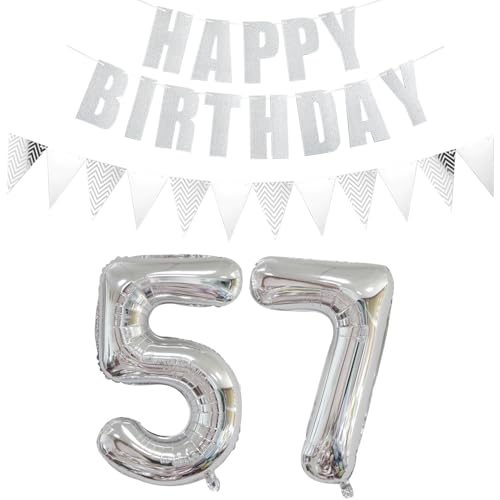 Globos con número 57 de plata + guirnalda de feliz cumpleaños + pancarta globo de papel de...