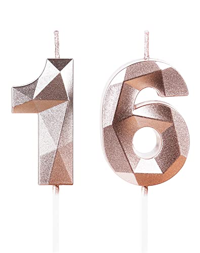 3D Velas de 16 cumpleaños, vela número 16, velas oro rosa, vela de cumpleaño para pasteles, vela...