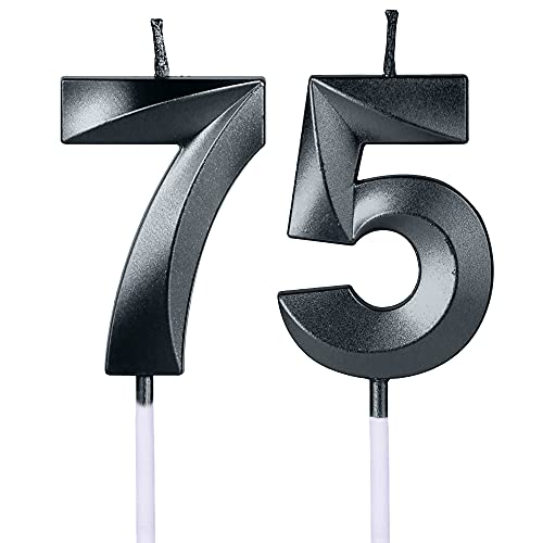 Velas negras para tartas de 75 y 57 cumpleaños, número 75 57 con purpurina para decoración de...