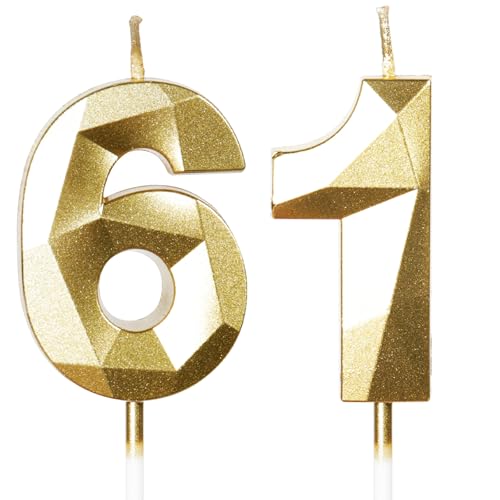 Velas de Cumpleaños 61 Años Dorado, Decoraciones para Hombres y Mujeres, Número 61 3D para Tarta,...