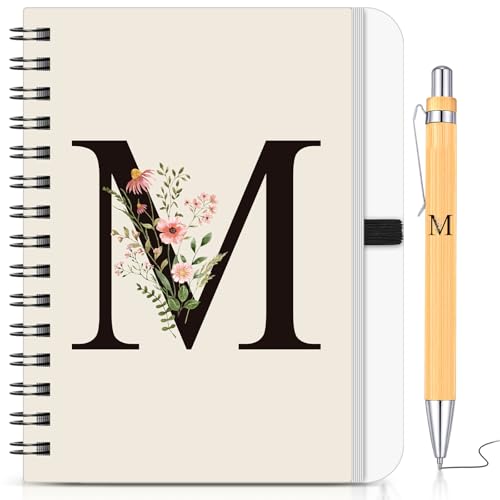 BBTO Set de Cuaderno y Bolígrafo Personalizado con Inicial M, Cuaderno Espiral Floral B6 con...