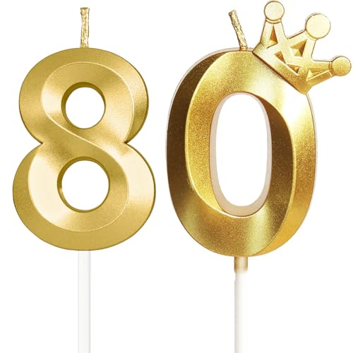 Velas para 80º cumpleaños, vela número 80, velas doradas, vela de cumpleaños para tarta con...