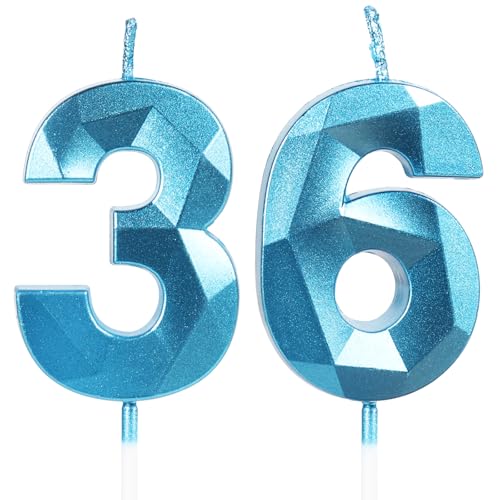 Velas de Cumpleaños 36 Años Azul, Decoraciones para Hombres y Mujeres, Número 36 3D para Tarta,...