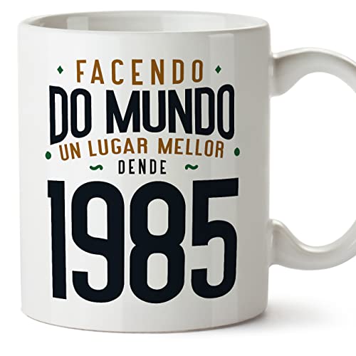 MUGFFINS Tazas 1985 Cumpleaños - En Gallego - Facendo do Mundo un Lugar Mellor - 11 oz / 330 ml -...