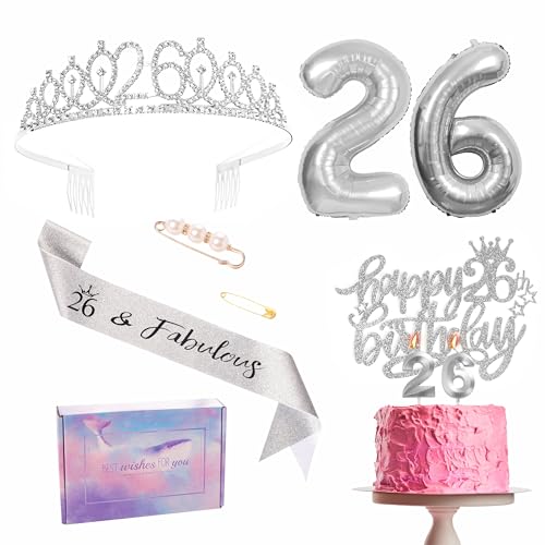 Juego de tiara plateada para decoración de cumpleaños número 26 para niña, juego de tiara de 26...