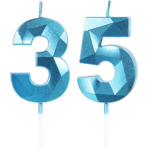 Yiran Velas de Cumpleaños 35 Años Azul, Decoraciones para Hombres y Mujeres, Número 35 3D para...