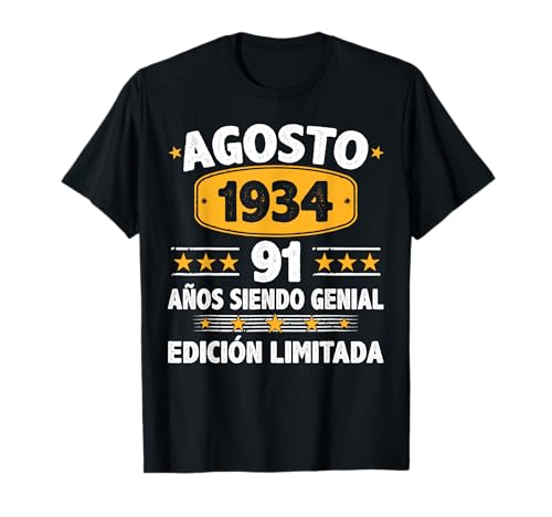 Agosto 1934 91 Años Hombre Cumpleaños Regalo Agosto 1934 Camiseta