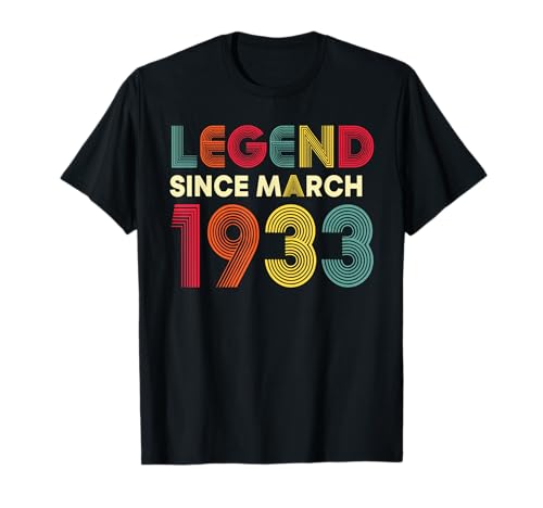 Leyenda Marzo 1933 93 Cumpleaños Hombres Mujeres 93 Años Camiseta