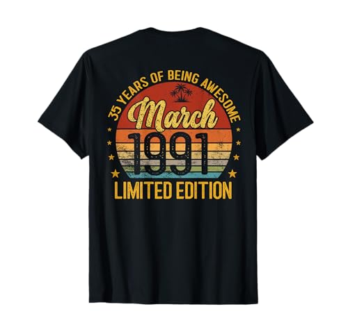 (En la Parte Trasera) Retro Vintage Marzo 1991 35 años 35 cumpleaños Camiseta