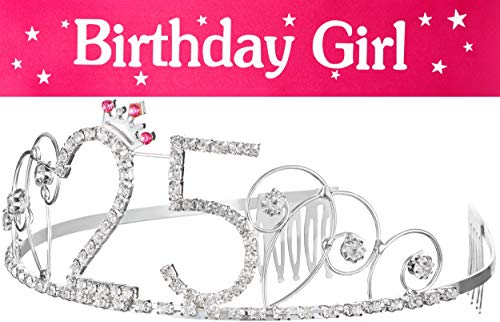 Diadema Corona + Faja Cumpleaños 25 Cumpleaños Feliz Cumpleaños Adornos de Cristal Corona de...