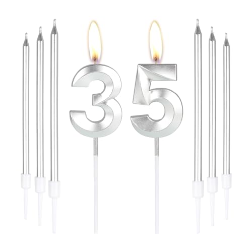 Plata 35 velas de cumpleaños-3D Número 35 vela para pastel con 6 piezas largas velas Set,Plata...