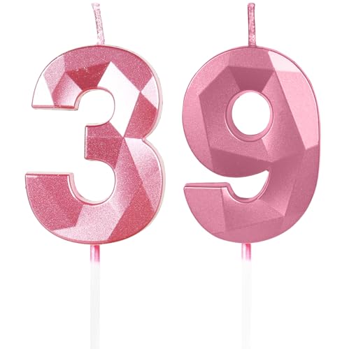 Velas de Cumpleaños 39 Años Rosa, Decoraciones para Hombres y Mujeres, Número 39 3D para Tarta,...