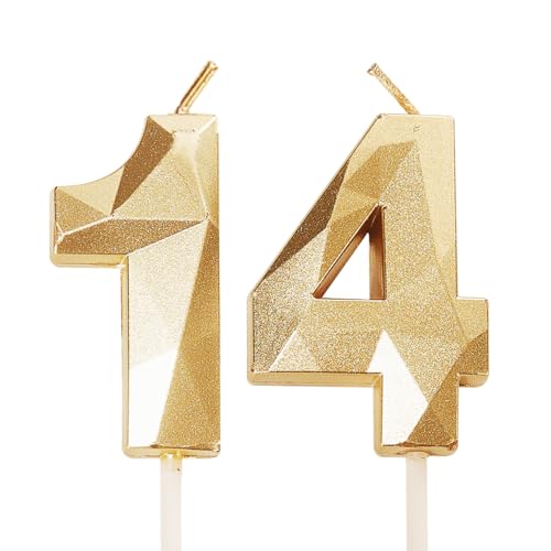Velas de cumpleaños número 14, velas doradas con número 14 de feliz cumpleaños, decoraciones...