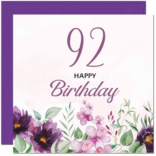 Tarjeta de cumpleaños número 92 para hombres y mujeres, tarjeta de cumpleaños floral morada para...