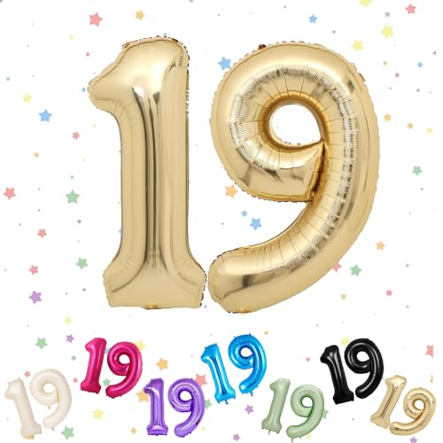 Globos de cumpleaños 19 años Oro Claro, Foil Globo Numero 19, 101CM Globos de Helio Número 19,...