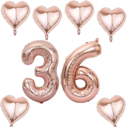 Oro rosa números globo 36 +6 pcs corazón helio globo 36 cumpleaños decoración para las...