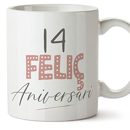 MUGFFINS Tazas 14 Cumpleaños - En Catalán - Feliç Aniversari! Rosa - 11 oz / 330 ml - Regalo...