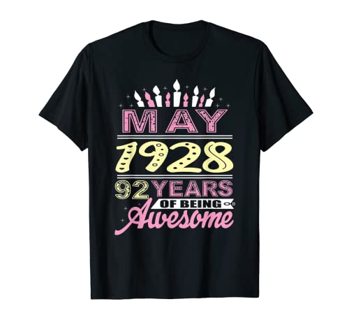 Mayo de 1928 92 años Regalo de edad Fiesta de vela de cumpleaños 92 Camiseta