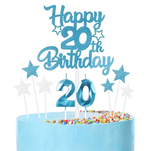 mciskin Conjunto de velas de cumpleaños de 20 años azules,Vela número 20 para pastel,Decoraciones...