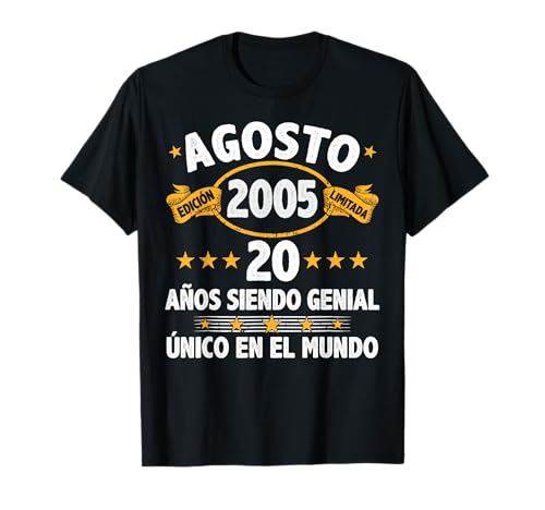 Agosto 2005 20 Años Hombre Cumpleaños Regalo Agosto 2005 Camiseta