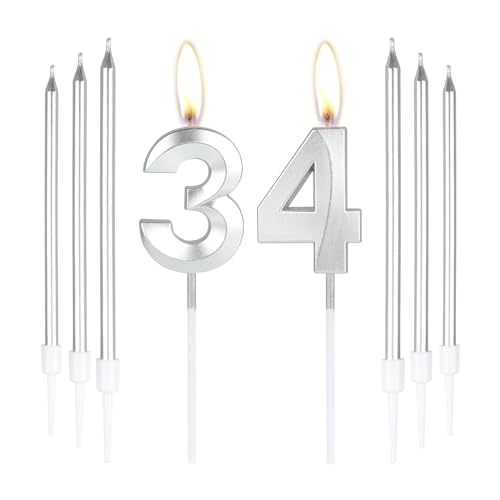 Plata 34 velas de cumpleaños-3D Número 34 vela para pastel con 6 piezas largas velas Set,Plata...
