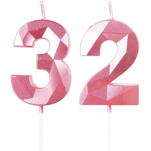 Yiran Velas de Cumpleaños 32 Años Rosa, Decoraciones para Hombres y Mujeres, Número 32 3D para...
