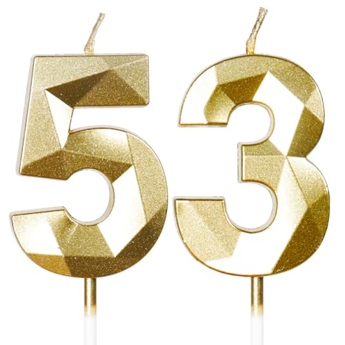 Yiran Velas de Cumpleaños 53 Años Dorado, Decoraciones para Hombres y Mujeres, Número 533D para...