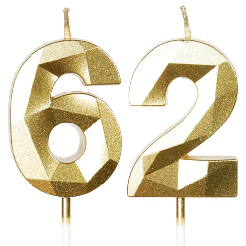 Yiran Velas de cumpleaños número 62, velas doradas con el número 62, decoraciones para tartas...