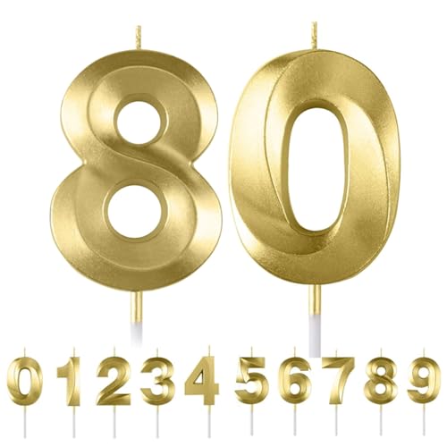 HattusaShield Número 80 Vela de Cumpleaños, Dorada 3D Diseñada Numeros Velas con Número para...
