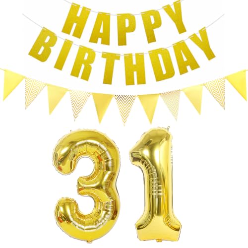 Globos número 31 oro + guirnalda feliz cumpleaños + globo de aluminio de bandera 31. Globos...
