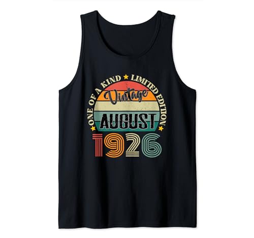 98 Años Vintage Agosto 1926 98 Cumpleaños Retro Camiseta sin Mangas