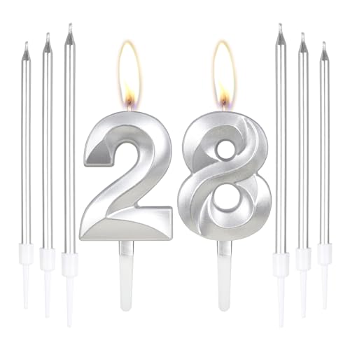 Velas plateadas para tarta de boda de cumpleaños número 28, 6 velas largas del número 28,...