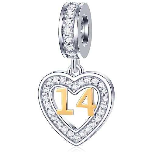 Charms cumpleaños de 14 años para pulsera estilo Pandora, colgante numero 14 de oro de 18k,...