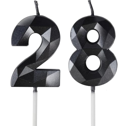 Yiran Velas de Cumpleaños 28 Años Negro, Decoraciones para Hombres y Mujeres, Número 28 3D para...