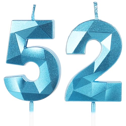 Velas de Cumpleaños 52 Años Azul, Decoraciones para Hombres y Mujeres, Número 52 3D para Tarta,...