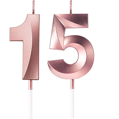 Vela del 15 Aniversario, Velas de Cumpleaños de Oro Rosa, Velas de Cumpleaños de Número 15 Vela en Forma Adecuado para Cumpleaños, Aniversarios, Bodas y Fiestas