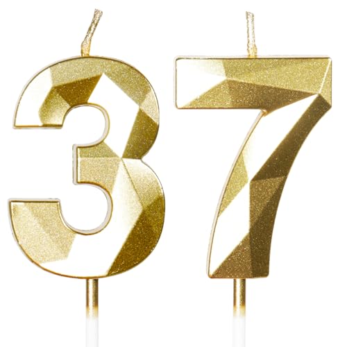 Yiran Velas de Cumpleaños 37 Años Dorado, Decoraciones para Hombres y Mujeres, Número 37 3D para...