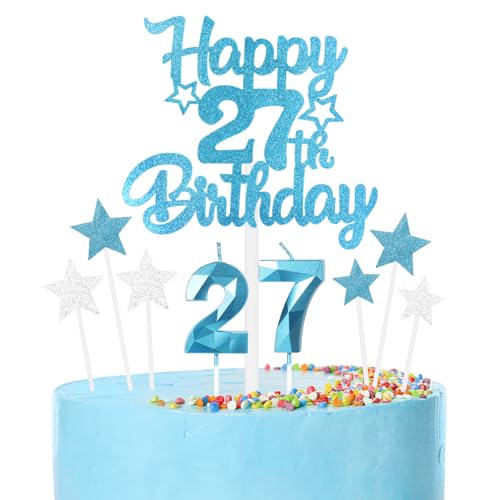 mciskin Conjunto de velas de cumpleaños de 27 años azules,Vela número 27 para pastel,Decoraciones...