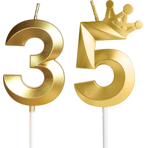 Vela de cumpleaños 35 con números, 35 con corona, 5 cm dorada, velas de cumpleaños, decoración...