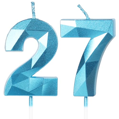 Velas de Cumpleaños 27 Años Azul, Decoraciones para Hombres y Mujeres, Número 27 3D para Tarta,...